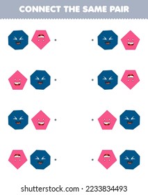 Education game for children connect the same picture of cute cartoon octagon and pentagon pair printable geometric shape worksheet