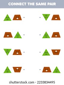 Education game for children connect the same picture of cute cartoon triangle and trapezoid pair printable geometric shape worksheet