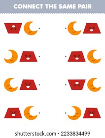 Education game for children connect the same picture of cute cartoon trapezoid and crescent pair printable geometric shape worksheet