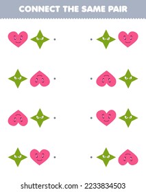 Education game for children connect the same picture of cute cartoon heart and star pair printable geometric shape worksheet