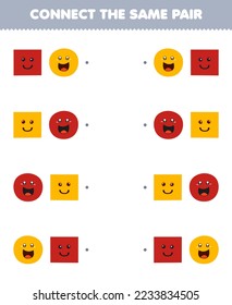 Education game for children connect the same picture of cute cartoon square and circle pair printable geometric shape worksheet