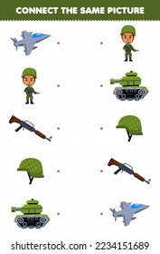 Juego de educación para niños conecta la misma imagen de un tierno soldado de dibujos animados conjunto hoja de trabajo de profesión imprimible