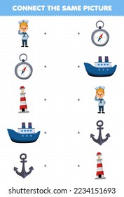 Education game for children connect the same picture of cute cartoon sailor set printable profession worksheet