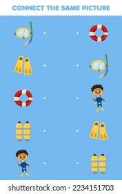 Education game for children connect the same picture of cute cartoon diver set printable profession worksheet