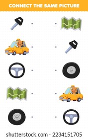 Education game for children connect the same picture of cute cartoon driver set printable profession worksheet