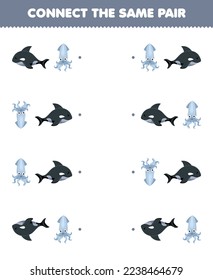 Juego de educación para niños conecta la misma imagen de la ballena tierna de dibujos animados y de la hoja de cálculo submarina imprimible con par de calamares