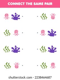 Education game for children connect the same picture of cute cartoon jellyfish and coral pair printable underwater worksheet