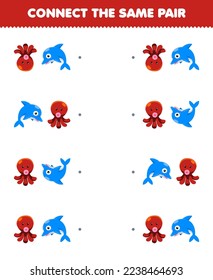 Juego de educación para niños que conectan la misma imagen de un delfín lindo de dibujos animados y un par de pulpos imprimible bajo el agua hoja de cálculo