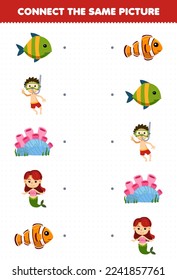 Education game for children connect the same picture of cartoon fish diver mermaid printable underwater worksheet