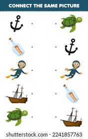 Erziehungsspiel für Kinder verbindet das gleiche Bild von Cartoon Anker Flasche Flaschentaucher Wrackschildkröte druckbare Unterwasser-Arbeitsblatt
