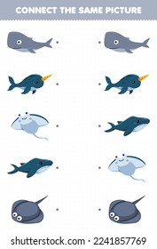 Education game for children connect the same picture of cartoon whale narwhal manta stingray printable underwater worksheet