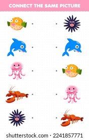 Education game for children connect the same picture of cartoon fish dolphin jellyfish lobster urchin printable underwater worksheet