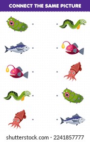 Education game for children connect the same picture of cartoon sea cucumber fish eel cuttlefish printable underwater worksheet