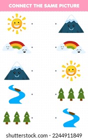Juego de educación para niños conecta la misma imagen de caricatura arcoíris de montaña árbol de la naturaleza imprimible