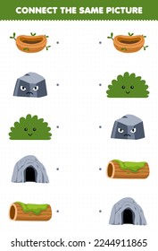 Erziehungsspiel für Kinder verbindet das gleiche Bild von Cartoon Nest Rock Höhle Holz druckbare Naturblatt