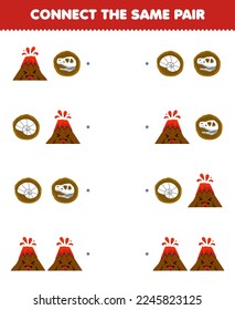 Education game for children connect the same picture of cute cartoon volcano and  fossil pair printable nature worksheet