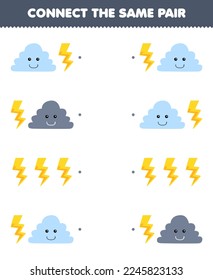 Education game for children connect the same picture of cute cartoon cloud and thunder pair printable nature worksheet