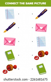 Education game for children connect the same picture of cartoon paper pen envelope book stamp picture printable tool worksheet