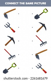Education game for children connect the same picture of cartoon hoe fork pickaxe rake shovel picture printable tool worksheet
