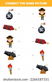 Education game for children connect the same picture of cartoon bomb dynamite cannon torch printable pirate worksheet