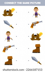 Juego de educación para niños conecta la misma imagen de la caricatura que la pistola de la espada arranque hoja de cálculo pirata imprimible