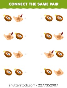 Juego de educación para niños conecta la misma imagen de la brújula tierna de dibujos animados y el par de mapas del tesoro hoja de cálculo pirata imprimible