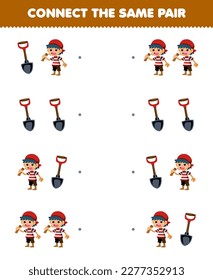 Erziehungsspiel für Kinder verbindet das gleiche Bild von süßem Cartoon-Junge und Schaufelpaar druckbare Piratenblattmuster