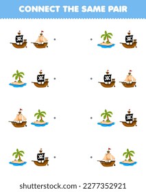 Juego de educación para niños conecta la misma imagen de una tierna caricatura y de una hoja de cálculo pirata imprimible para pares de islas