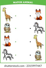 Education game for children connect the same picture of cute cartoon wild animal giraffe owl fox zebra printable