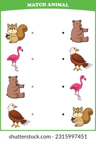 Education game for children connect the same picture of cute cartoon wild animal squirrel flamingo bear eagle printable