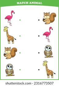 Education game for children connect the same picture of cute cartoon wild animal flamingo giraffe squirrel owl printable