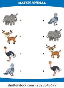 Education game for children connect the same picture of cute cartoon wild animal rhino deer ostrich dove printable