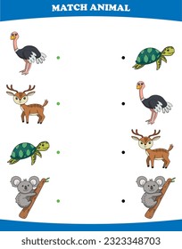 Education game for children connect the same picture of cute cartoon wild animal ostrich deer turtle koala printable