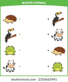 Education game for children connect the same picture of cute cartoon wild animal hedgehog toucan frog cow printable