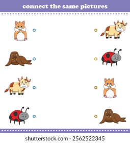 Education game for children connect the same picture of cute cartoon wild animal printable. Vector Illustration