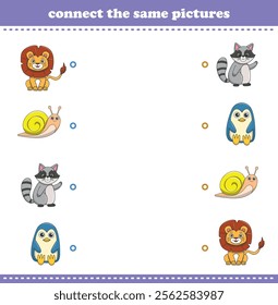 Education game for children connect the same picture of cute cartoon wild animal printable. Vector Illustration