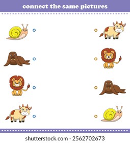 Education game for children connect the same picture of cute cartoon wild animal printable. Vector Illustration