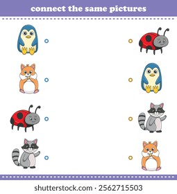 Education game for children connect the same picture of cute cartoon wild animal printable. Vector Illustration