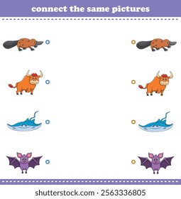 Education game for children connect the same picture of cute cartoon wild animal printable. Vector Illustration
