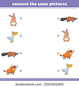 Education game for children connect the same picture of cute cartoon wild animal printable. Vector Illustration