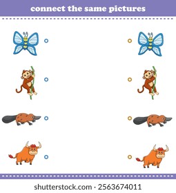 Education game for children connect the same picture of cute cartoon wild animal printable. Vector Illustration