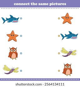 Education game for children connect the same picture of cute cartoon wild animal printable. Vector Illustration