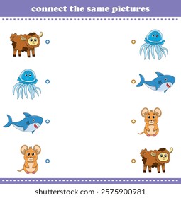 Education game for children connect the same picture of cute cartoon wild animal printable. Vector Illustration