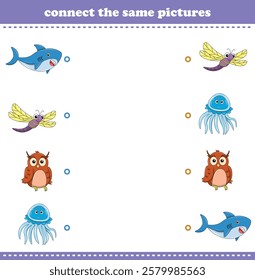 Education game for children connect the same picture of cute cartoon wild animal printable. Vector Illustration