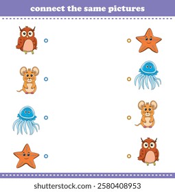 Education game for children connect the same picture of cute cartoon wild animal printable. Vector Illustration