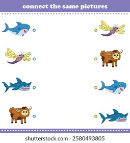 Education game for children connect the same picture of cute cartoon wild animal printable. Vector Illustration