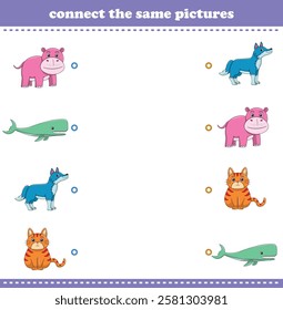 Education game for children connect the same picture of cute cartoon wild animal printable. Vector Illustration