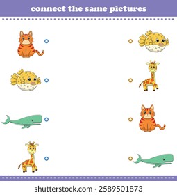 Education game for children connect the same picture of cute cartoon wild animal printable. Vector Illustration