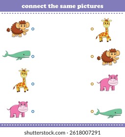 Jogo de educação para crianças conectar a mesma imagem de desenhos animados bonitos selvagem animal imprimível. Ilustração de vetor