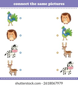 Jogo de educação para crianças conectar a mesma imagem de desenhos animados bonitos selvagem animal imprimível. Ilustração de vetor